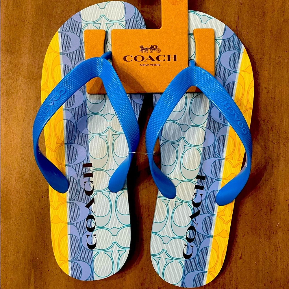 Coach Zak Flip Flops Signature Blue & Yellow Stripes-Size 8